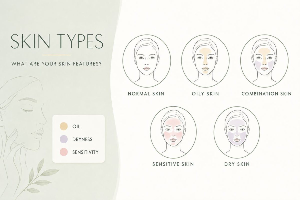 Illustrated guide to normal, oily, combination, sensitive and dry skin types, showing common areas of oiliness, dryness and sensitivity.
