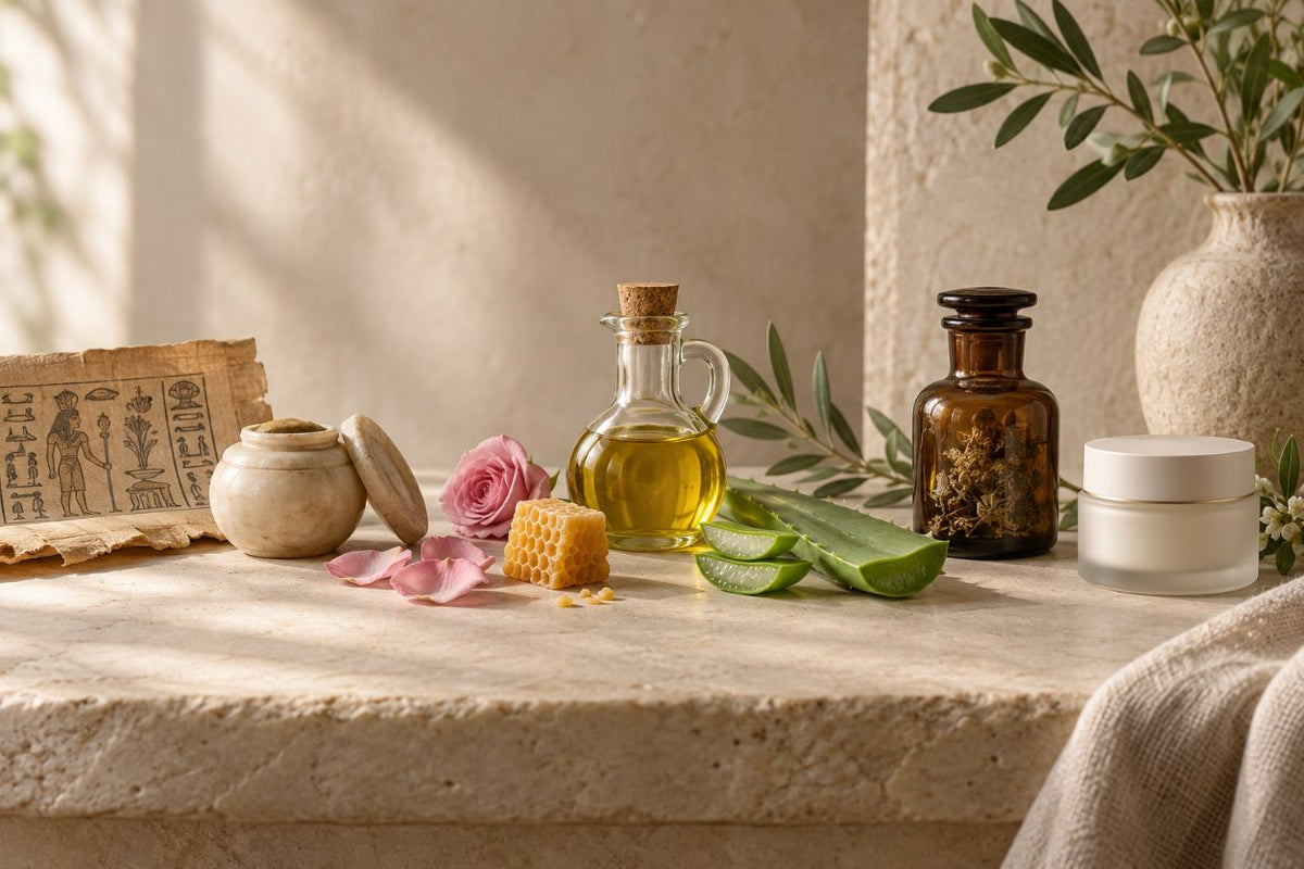 Historical skincare ingredients and vessels arranged alongside a modern cream jar