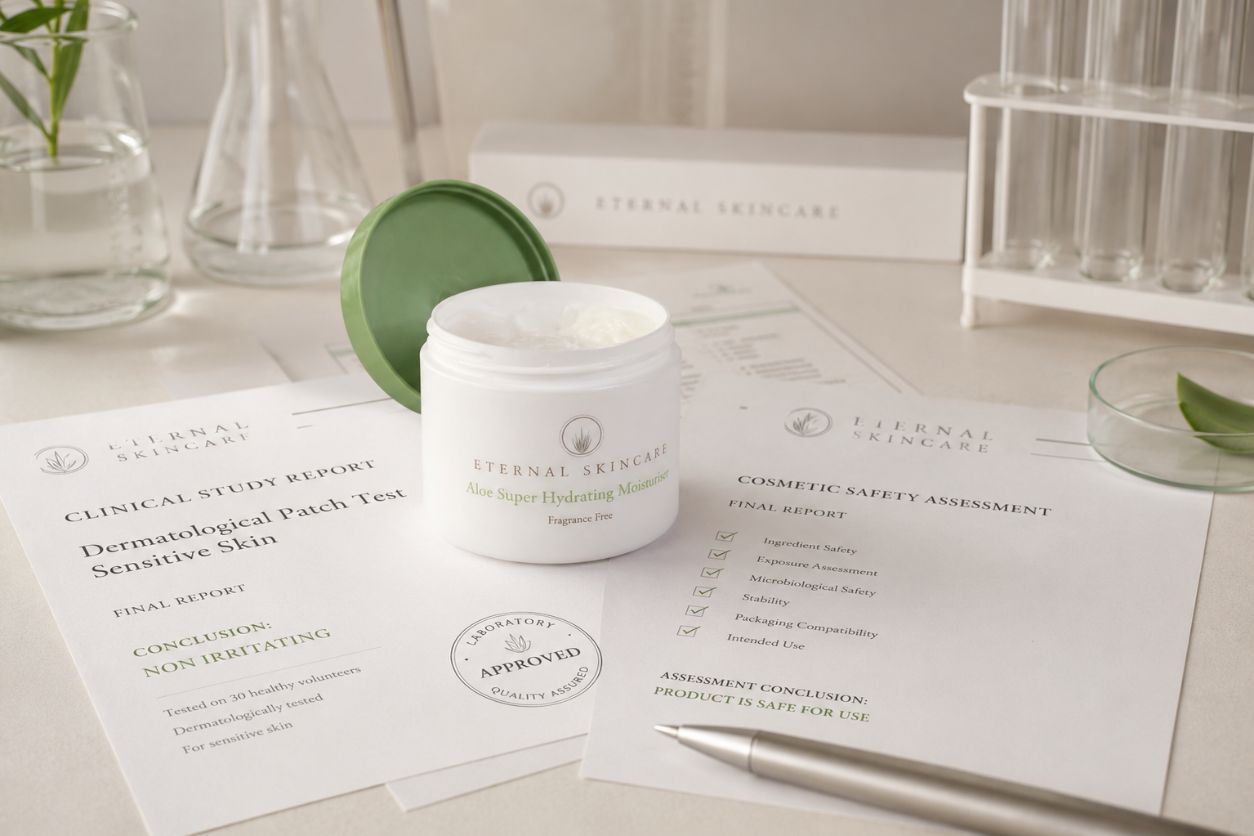 Eternal Skincare products representing our commitment to dermatologically tested skincare
