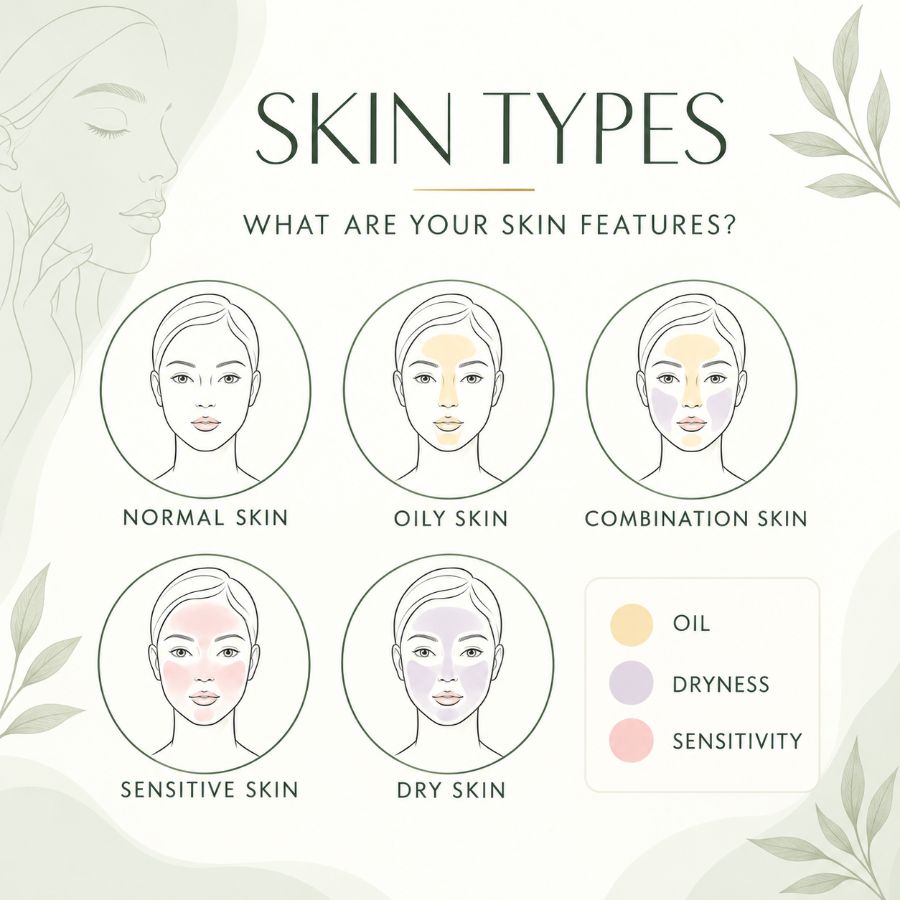 Illustration comparing normal, oily, combination, sensitive and dry skin, with a colour key for oil, dryness and sensitivity.