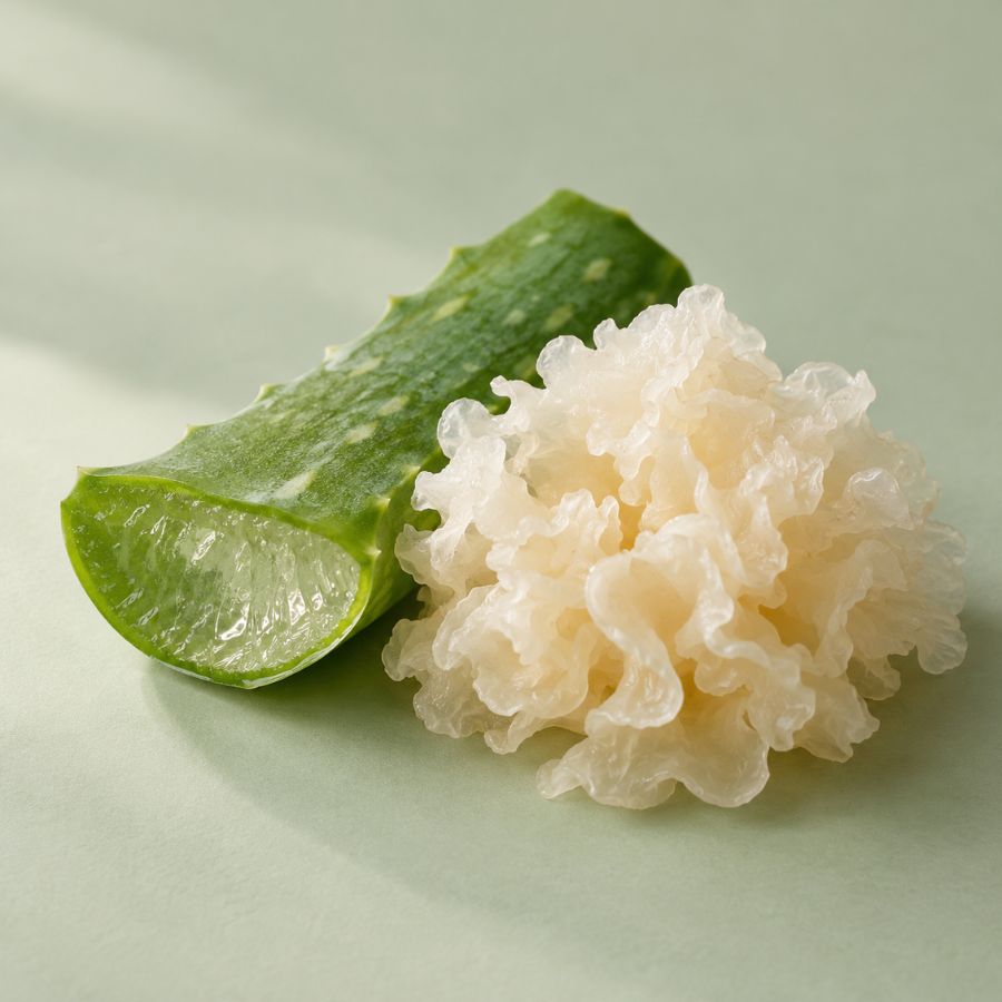 Fresh aloe vera leaf and white snow mushroom on a pale sage background.