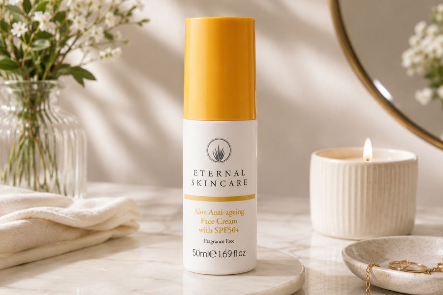 Eternal Skincare Aloe Anti-Ageing Face Cream SPF50+ in a softly lit skincare setting