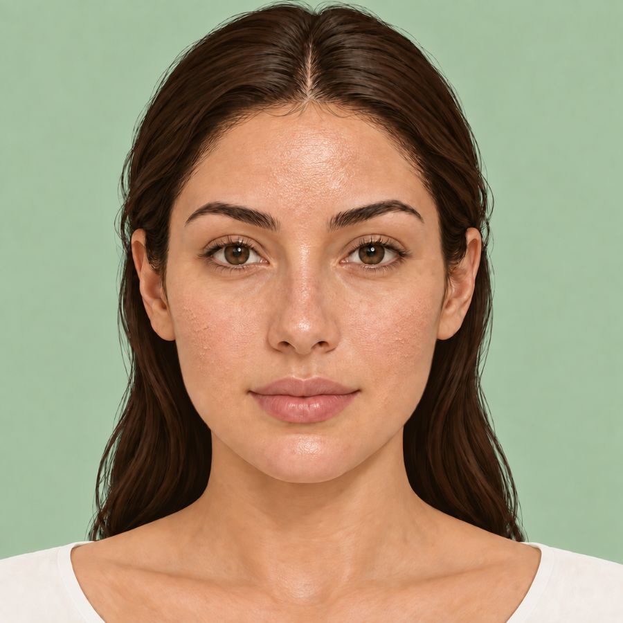 Illustration of combination skin with shine across the forehead, nose and chin, and drier patches on the cheeks.