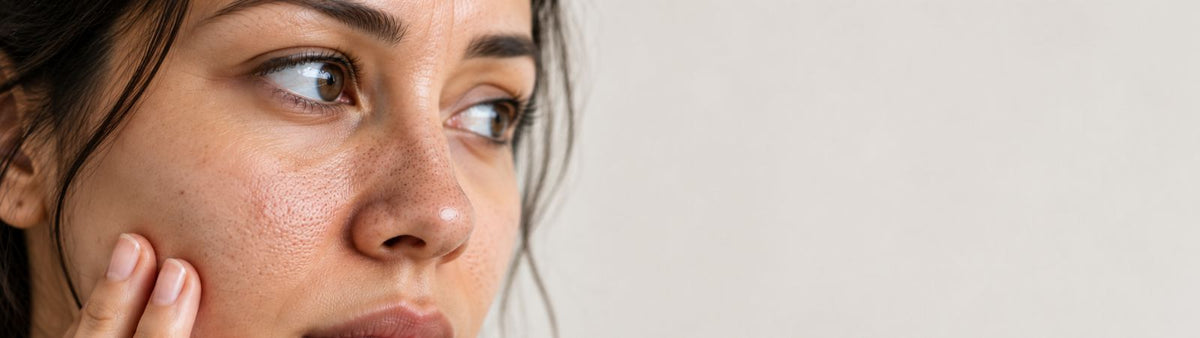 Close-up of facial skin with visible clogged pores and mild congestion