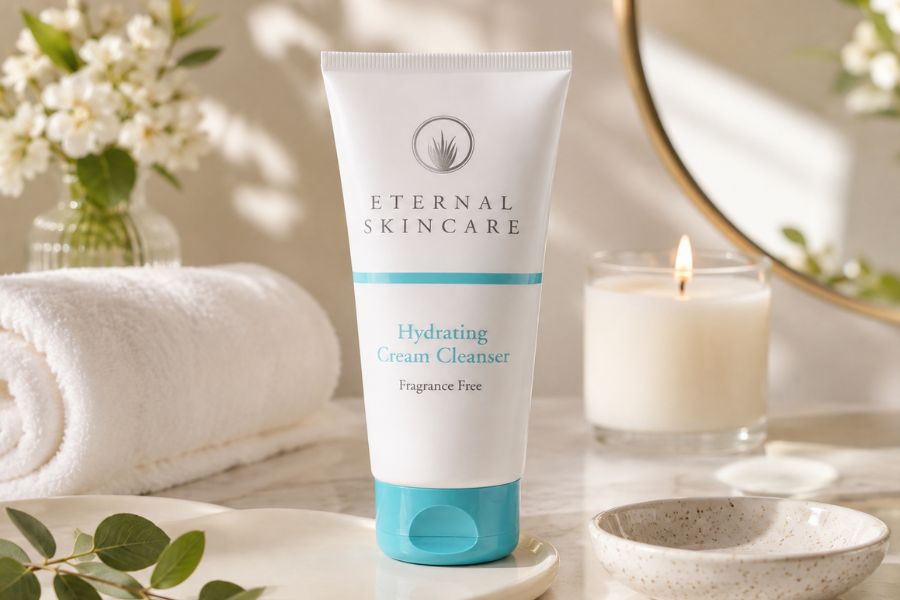 Eternal Skincare Hydrating Cream Cleanser in a softly lit bathroom setting