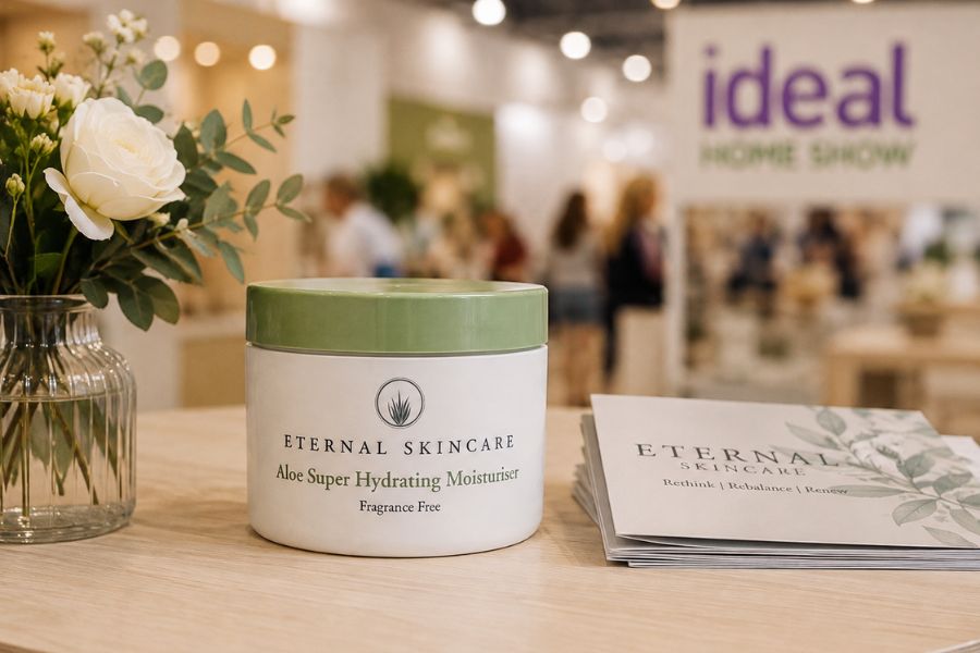 Eternal Skincare Super Hydrating Moisturiser in an Ideal Home Show inspired exhibition setting