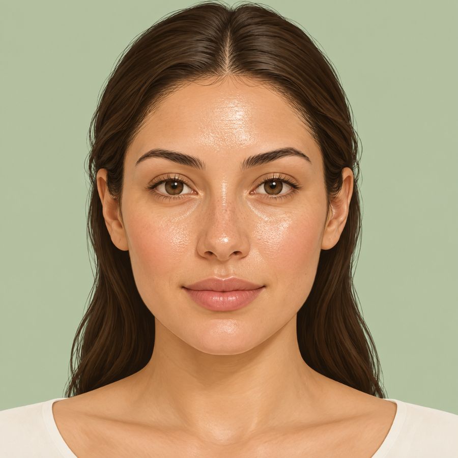 Illustration of oily skin showing shine across the forehead, nose and cheeks.