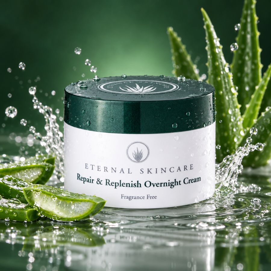 Eternal Skincare Repair & Replenish Overnight Cream with aloe vera leaves and water droplets against a dark green background.