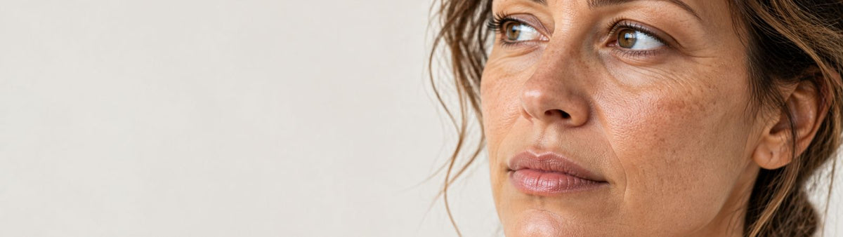 Close-up of mature facial skin with fine lines and natural texture