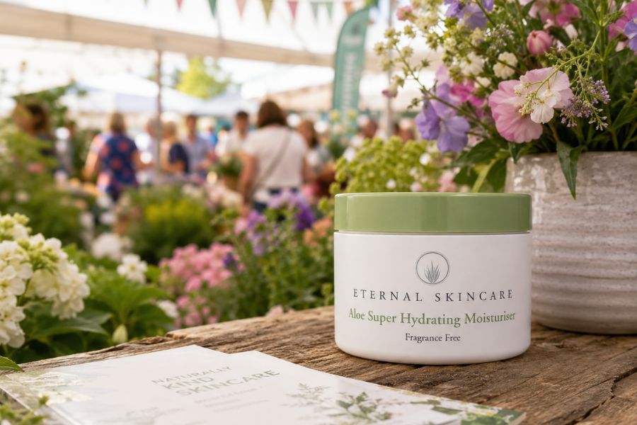 Eternal Skincare Super Hydrating Moisturiser in a colourful flower show setting