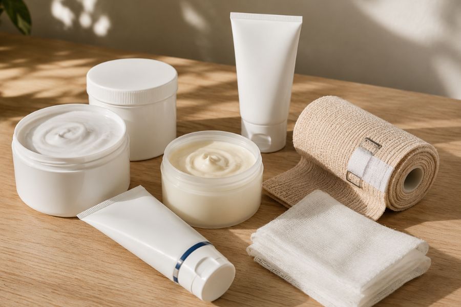 Unbranded skincare creams and bandages representing products Grace had tried for her skin