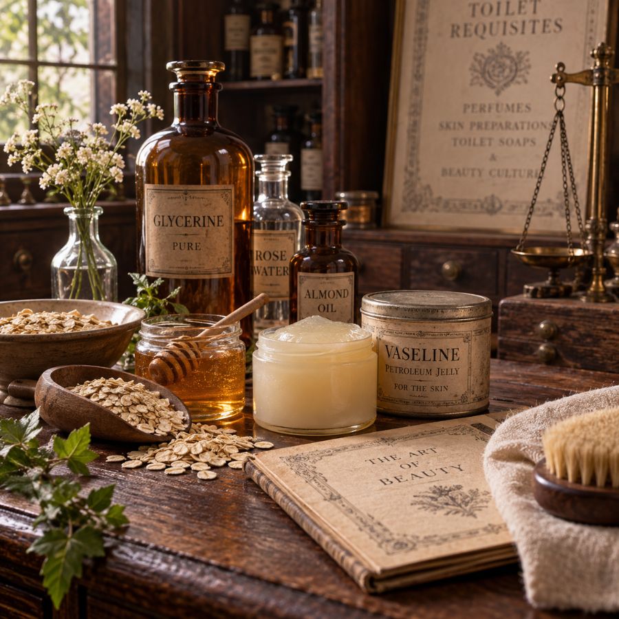Victorian skincare and apothecary products with petroleum jelly, glycerine, rose water, oats and honey