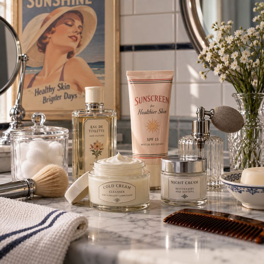 Twentieth-century skincare display with cold cream, night cream, sunscreen and vintage beauty products