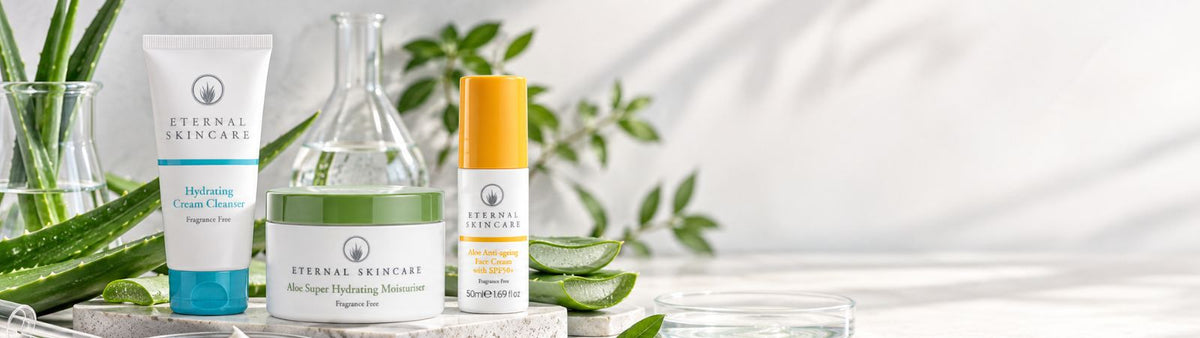 Eternal Skincare products with Aloe Vera and laboratory glassware representing traditional ingredients and modern formulation science
