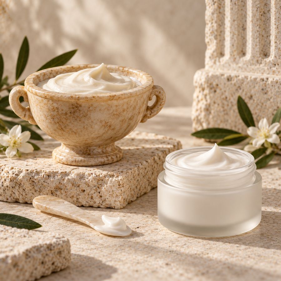 Ancient-style cream vessel beside a modern skincare cream jar