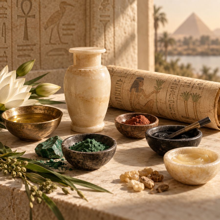 Ancient Egyptian skincare ingredients with oils, cosmetic vessels, papyrus and mineral pigments