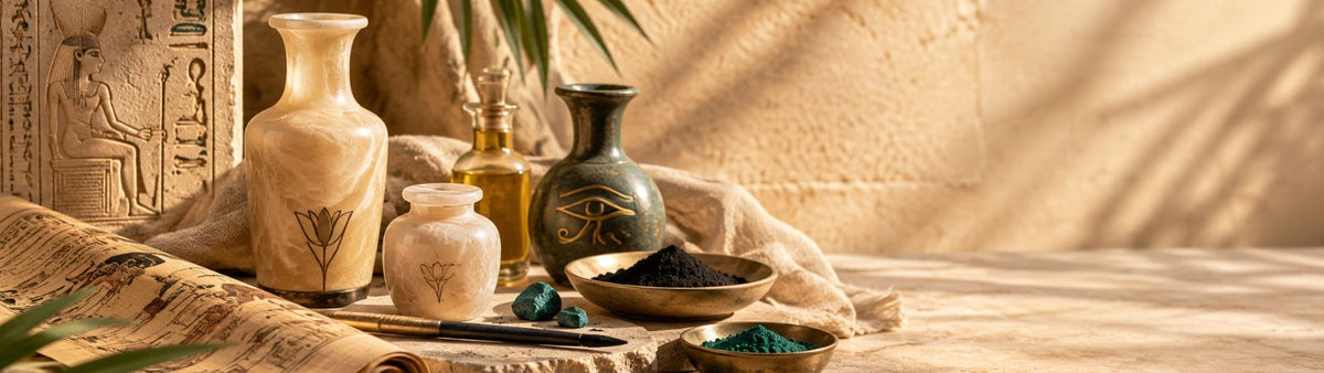 Ancient Egyptian skincare scene with cosmetic vessels, oils, mineral pigments and papyrus