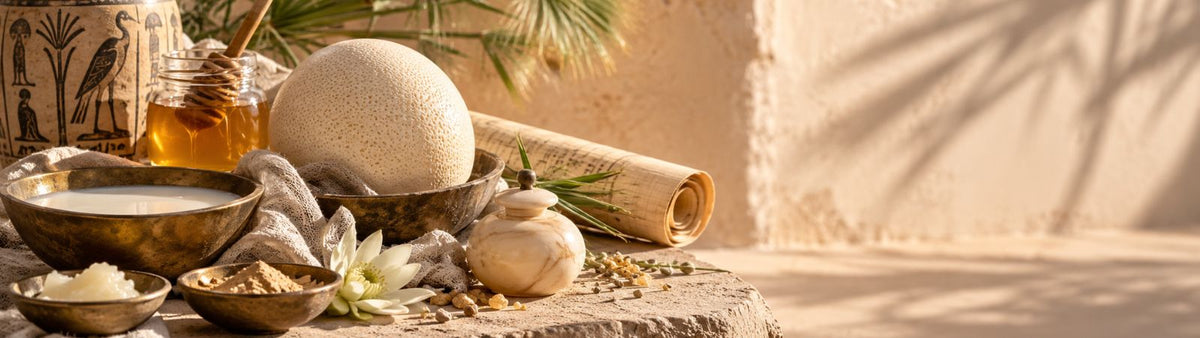 Ancient Egyptian skincare ingredients including honey, milk, ostrich egg and cosmetic vessels
