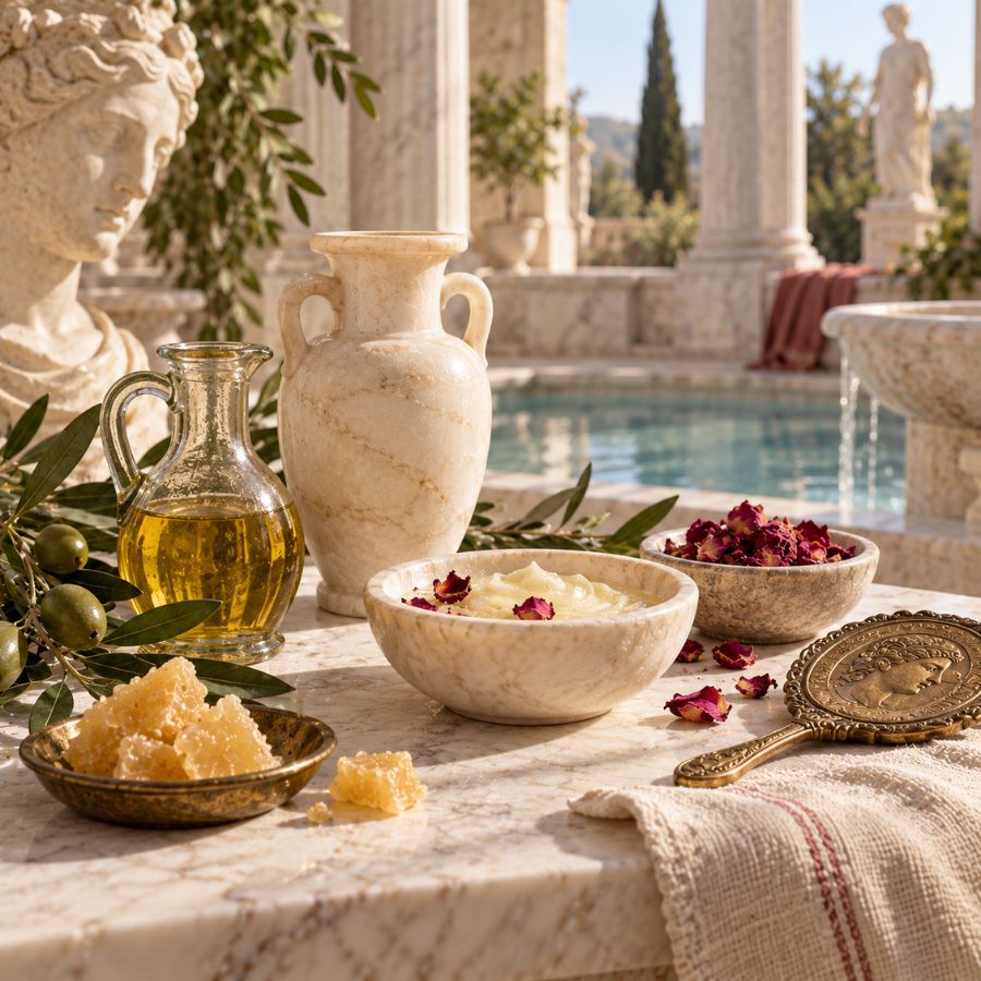 Ancient Greek and Roman skincare scene with olive oil, rose petals, beeswax and bathing vessels
