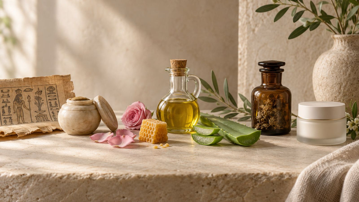 Historical skincare ingredients and vessels arranged alongside a modern cream jar