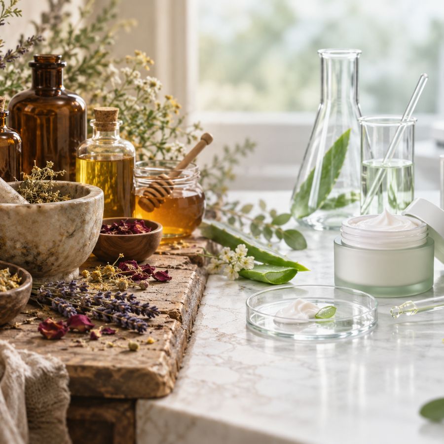 Traditional botanical skincare ingredients alongside modern cosmetic formulation and laboratory equipment