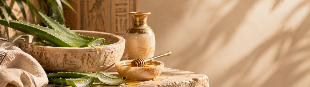 Aloe Vera leaves, honey and an Ancient Egyptian cosmetic bowl in warm golden light