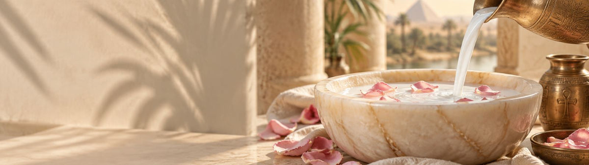 Ancient Egyptian milk bath scene with rose petals and decorative vessels