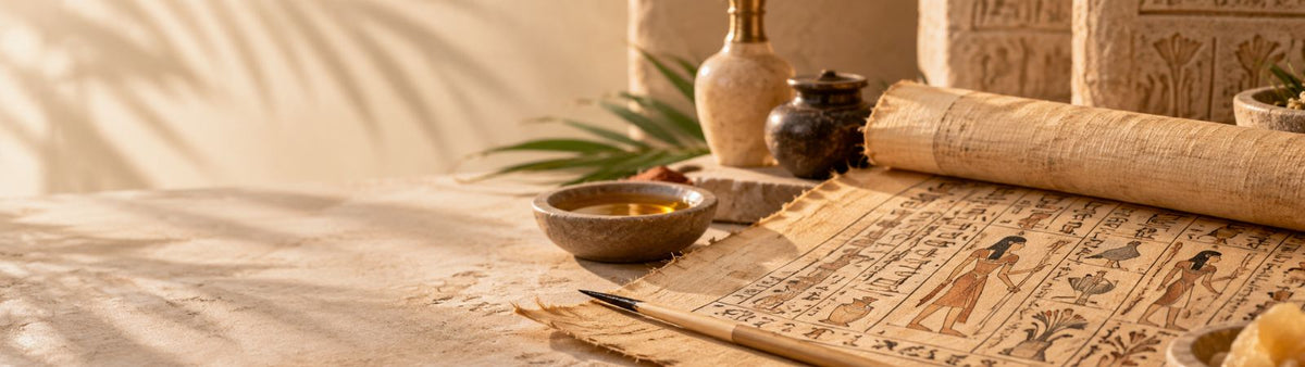 Ancient Egyptian papyrus with skincare oils, vessels and writing tools