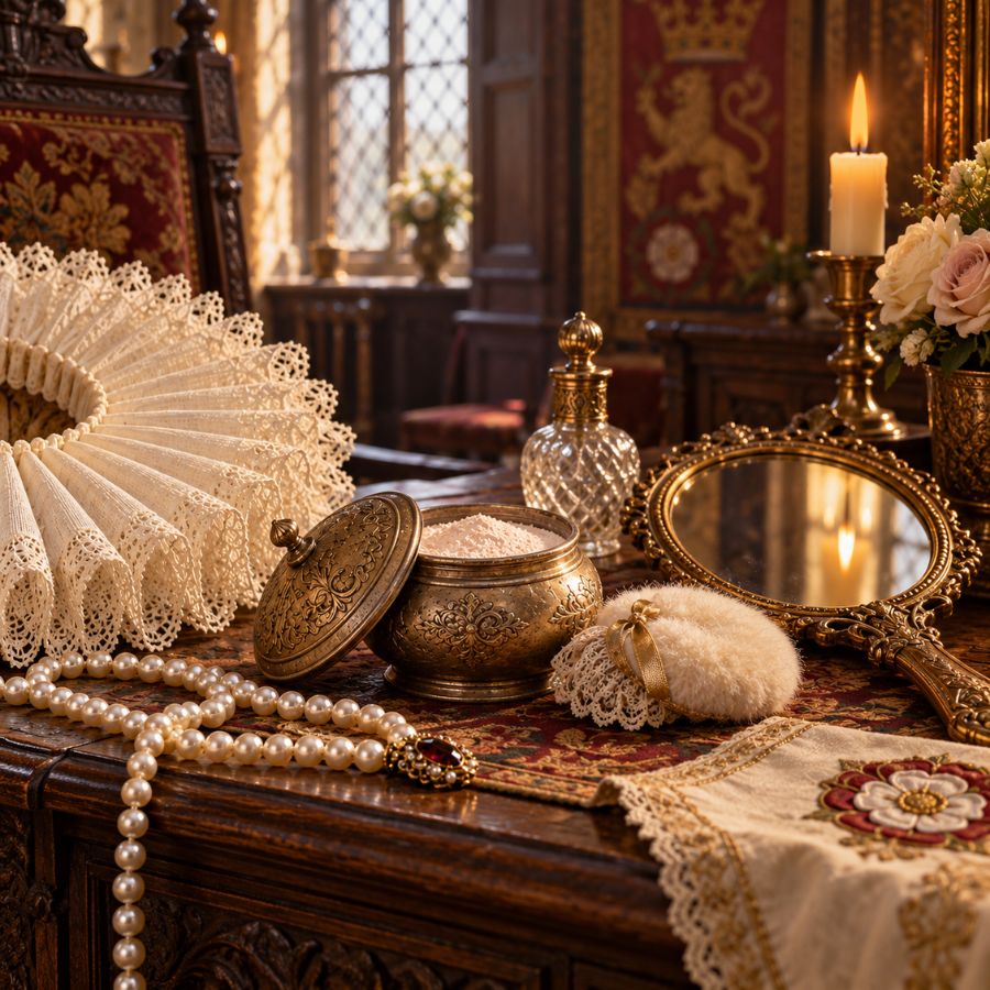 Elizabethan dressing table with face powder, pearls, mirror, lace ruff and candlelight