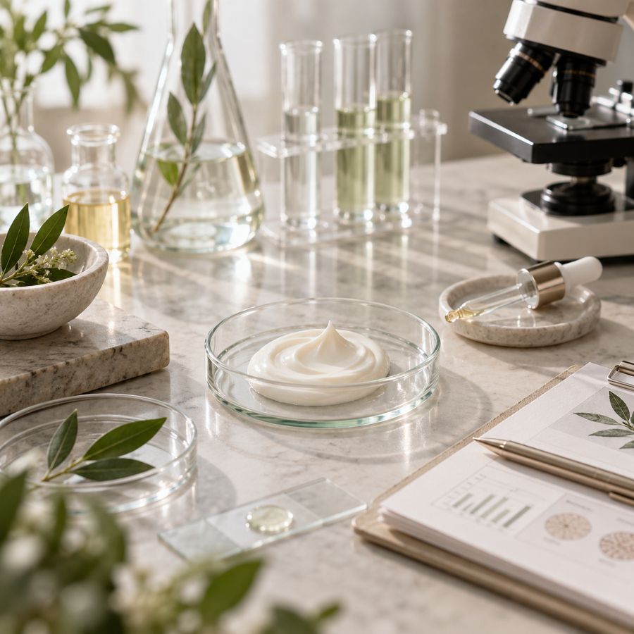 Skincare cream with laboratory glassware, microscope and testing equipment representing modern formulation evidence