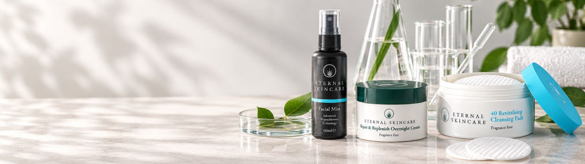 Eternal Skincare Facial Mist, Overnight Cream and Cleansing Pads with laboratory glassware representing finished product assessment and testing
