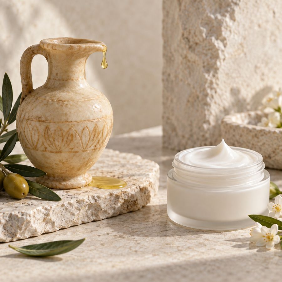 Ancient skincare oil beside modern moisturising cream, showing the long history of skin hydration