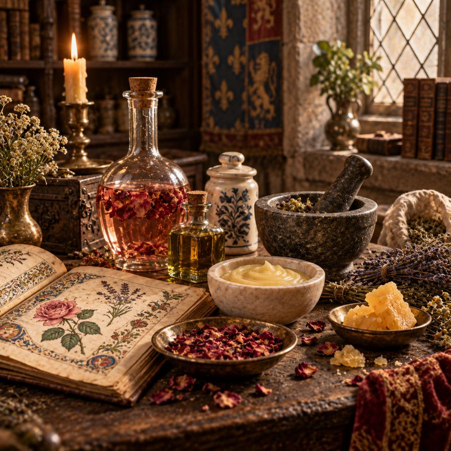 Medieval and Renaissance apothecary scene with herbs, rose water, oils, waxes and botanical remedies