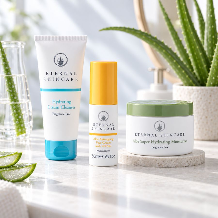Modern Eternal Skincare cleanser, SPF50+ and Aloe Super Hydrating Moisturiser with Aloe Vera