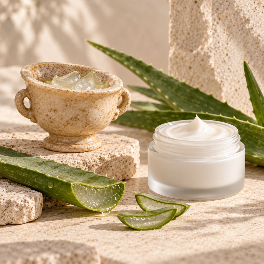 Aloe Vera and botanical ingredients beside a modern skincare cream