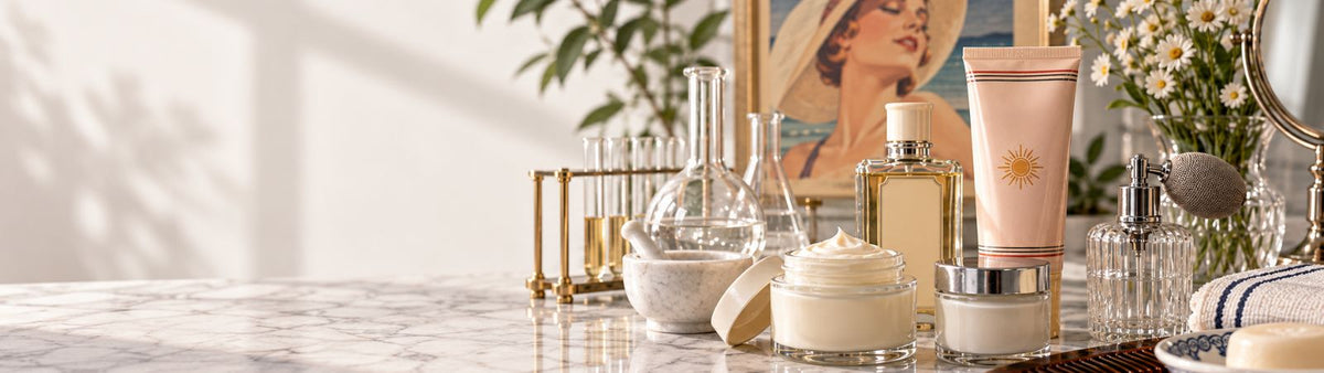 Twentieth-century skincare display with creams, sunscreen, laboratory glassware and dressing-table accessories