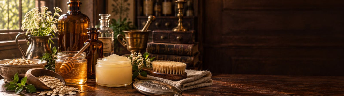 Victorian apothecary scene with skincare jars, amber bottles, honey, oats and grooming tools
