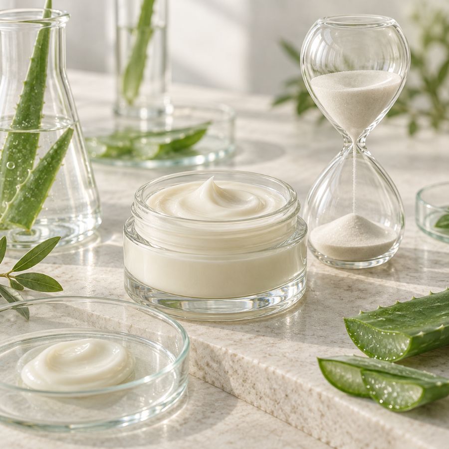 Skincare cream beside an hourglass representing cosmetic formulation stability over time