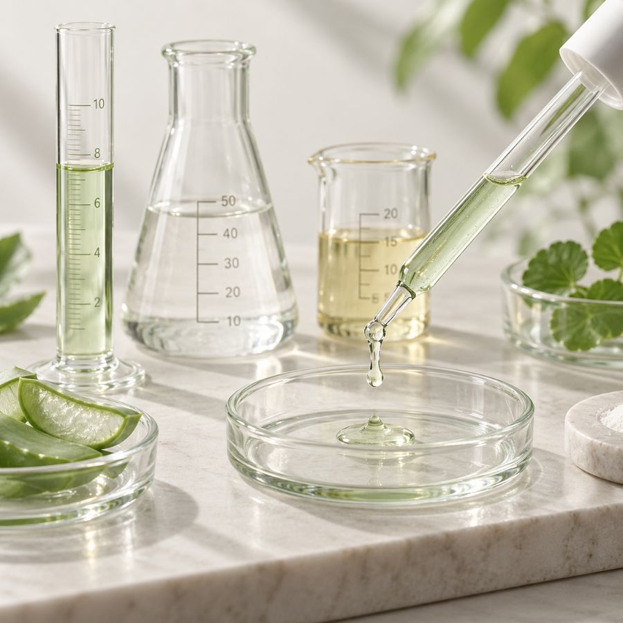 Measured skincare ingredients with laboratory glassware and a precision pipette