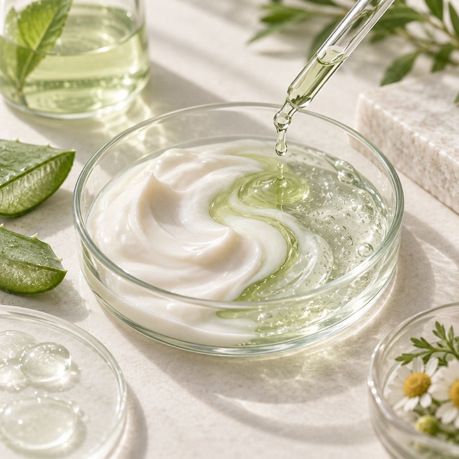Skincare cream and botanical gel being combined as part of a cosmetic formulation
