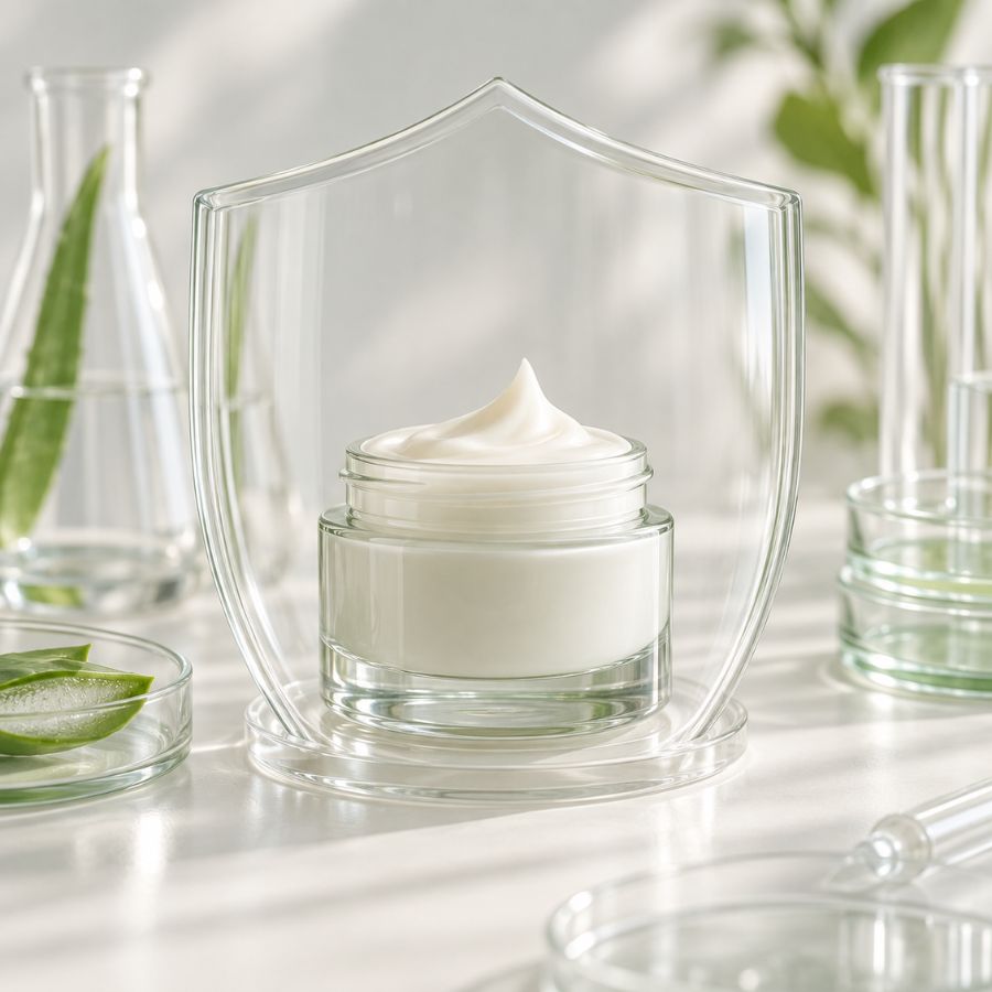 Skincare cream protected by a clear shield in a clean cosmetic laboratory setting