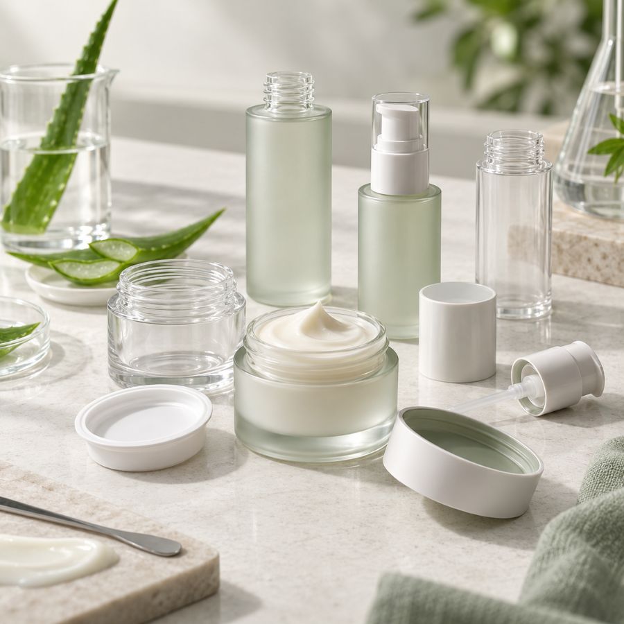 Cosmetic cream with jars, bottles, pumps and packaging components during product development