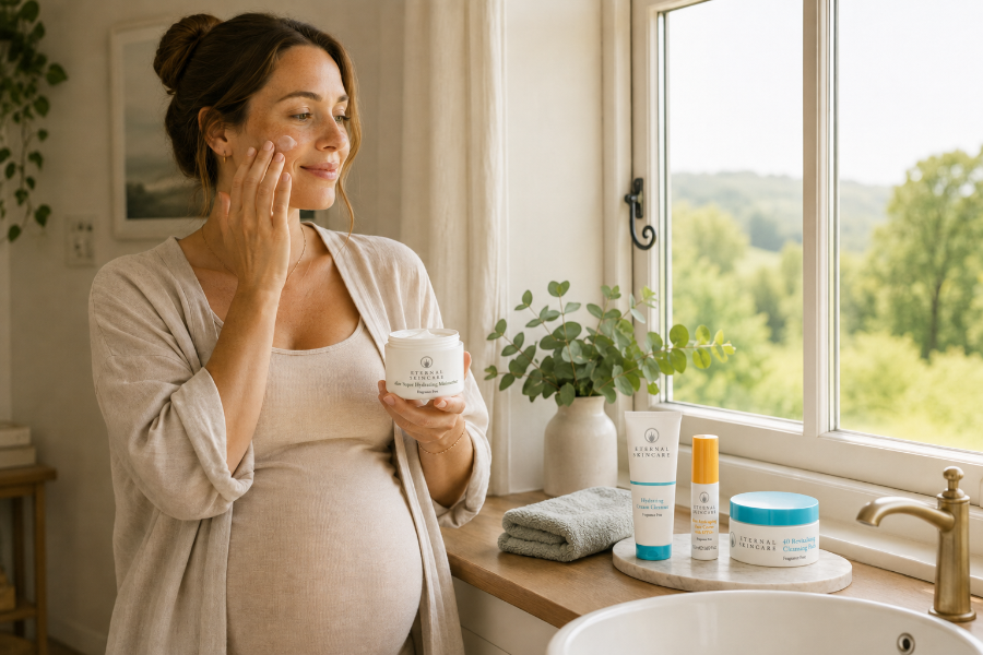 Pregnant woman following a gentle skincare routine for sensitive skin