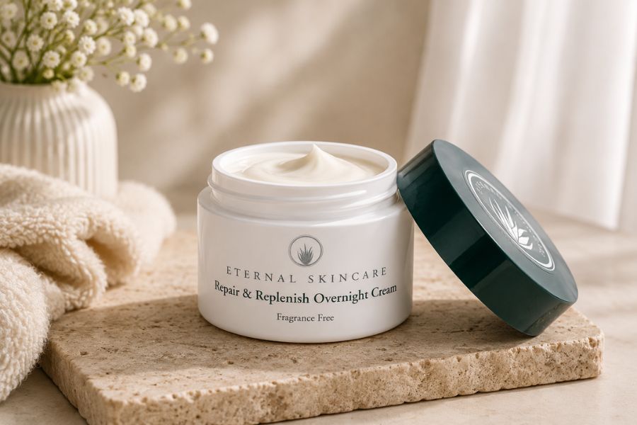 Eternal Skincare Repair & Replenish Overnight Cream open to show its rich cream texture