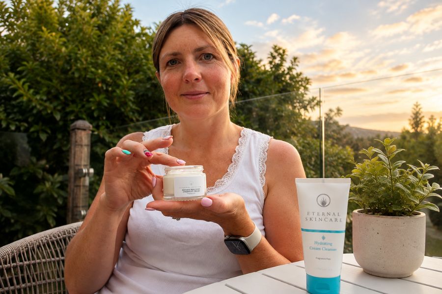 Sam holding Eternal Skincare Repair & Replenish Overnight Cream as part of her dry skin evening routine