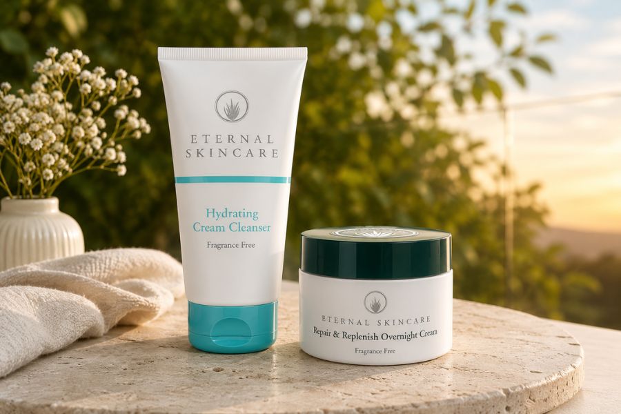 Eternal Skincare Hydrating Cream Cleanser and Repair & Replenish Overnight Cream for Sam's evening skincare routine